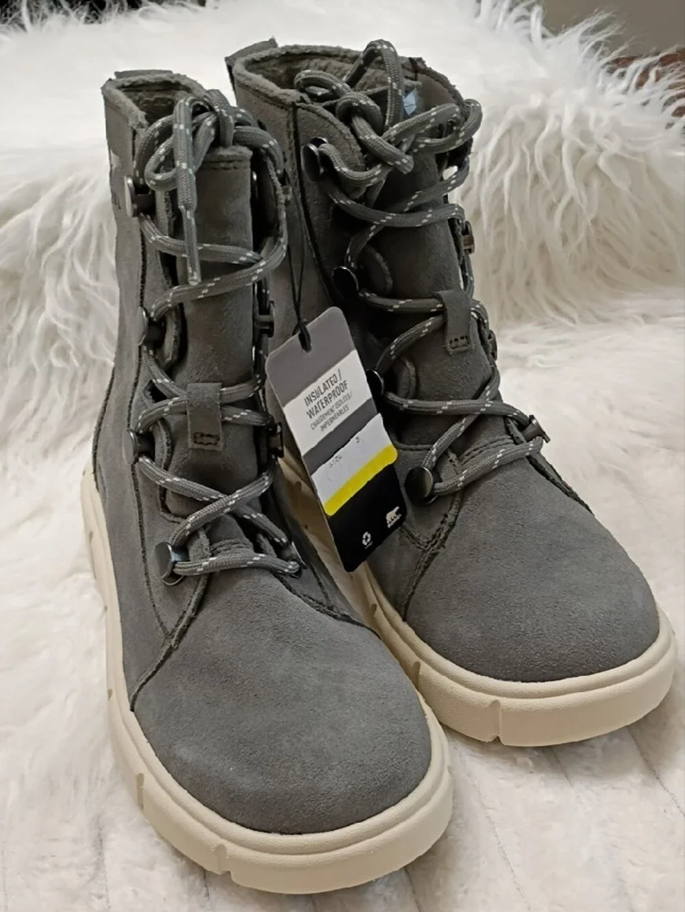 Sorel Gray Explorer III Joan Suede Waterproof LaceUp Waterproof Boots Cream Sole